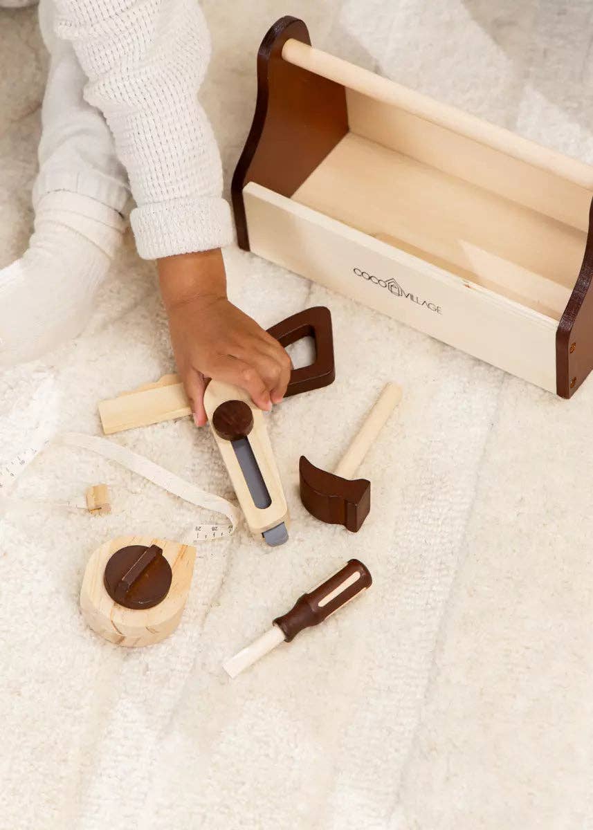 Wooden Tool Playset | Starter set with box, saw, hammer and measuring tools
