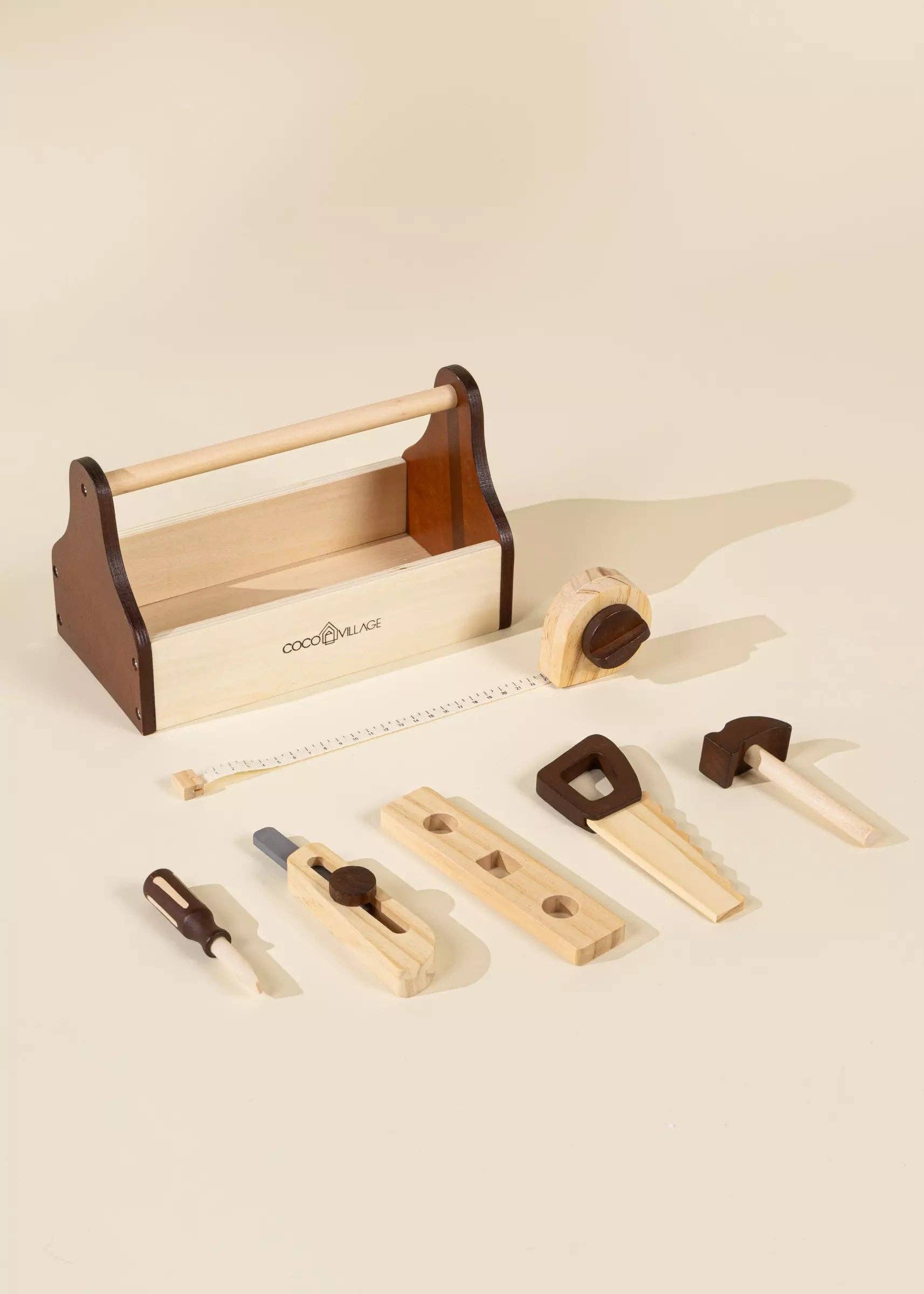 Wooden Tool Playset | Starter set with box, saw, hammer and measuring tools
