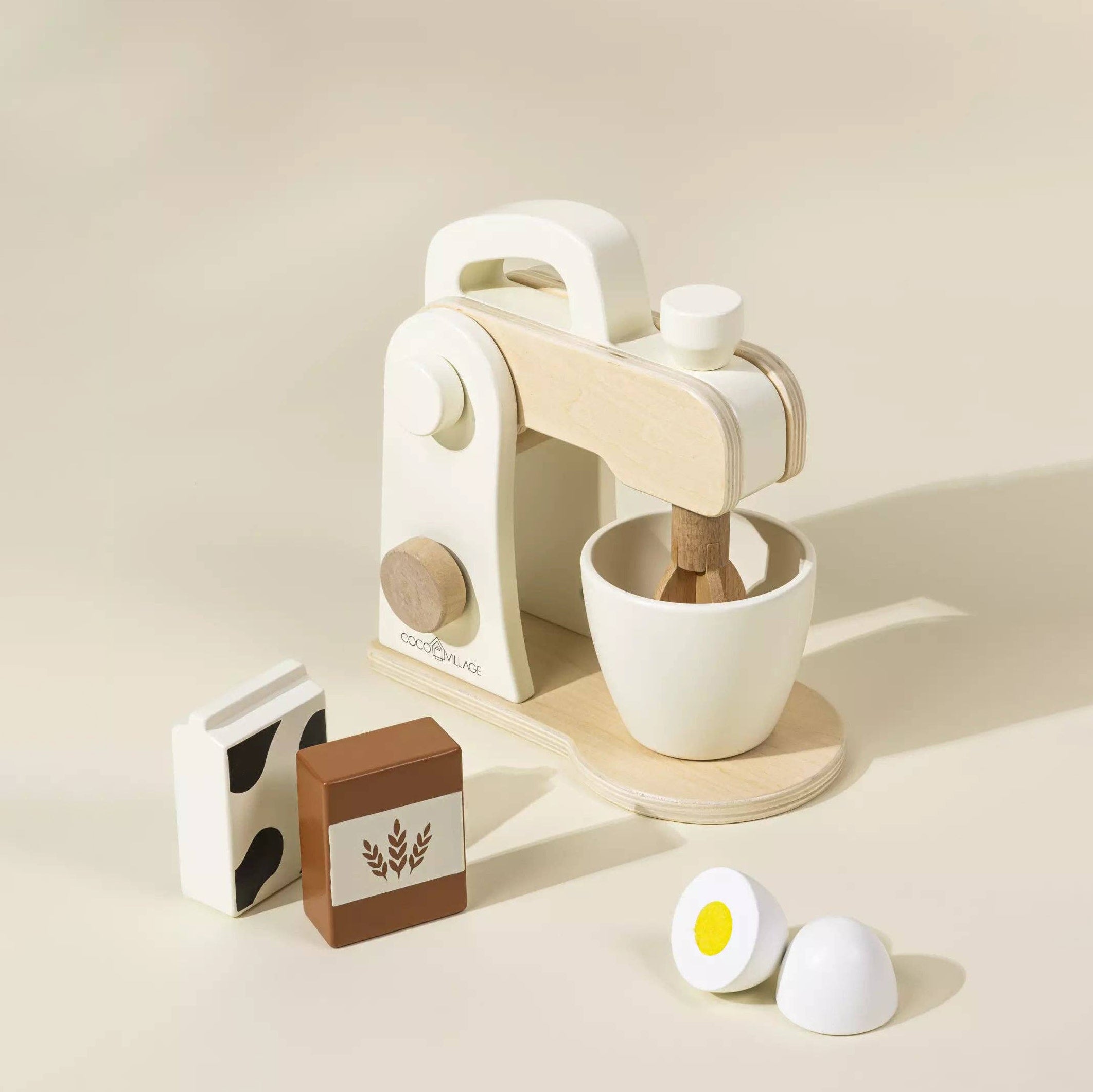 Houten Standmixer Speelset | Realistische mixer met melkpak, meel en ei