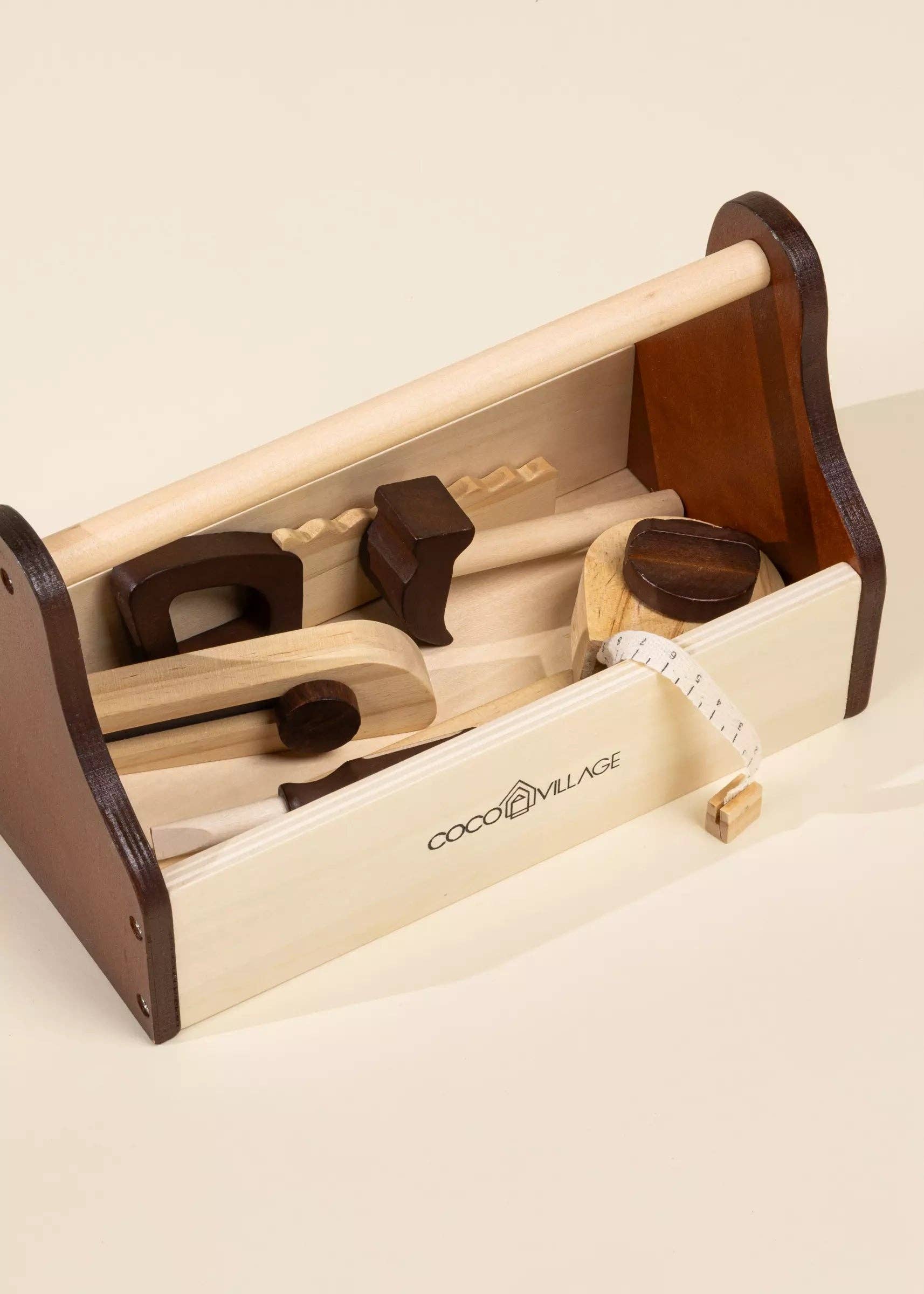 Wooden Tool Playset | Starter set with box, saw, hammer and measuring tools