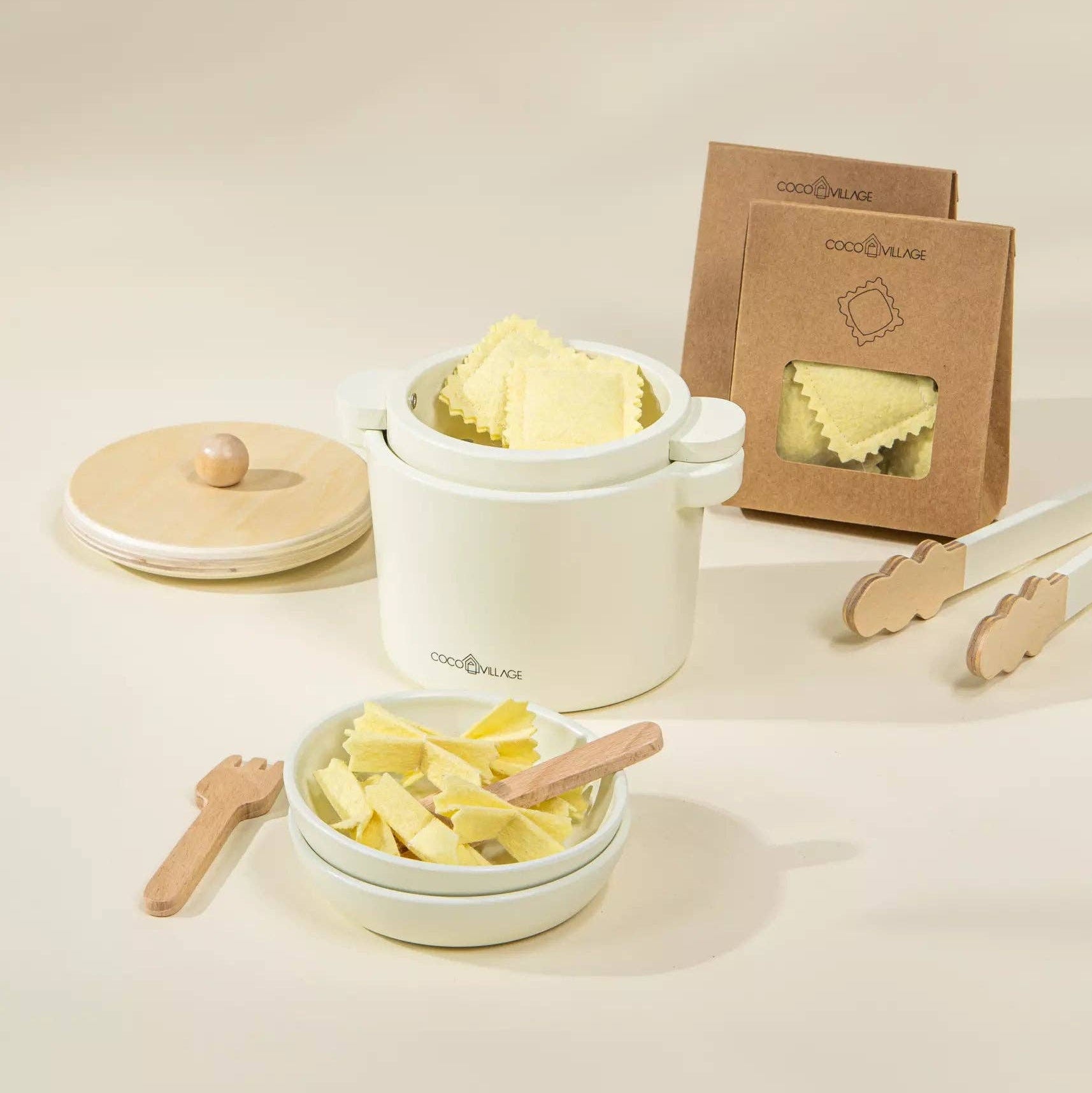 Houten Pasta Speelset | Complete keukenrolset met pan, vergiet en vilten pasta